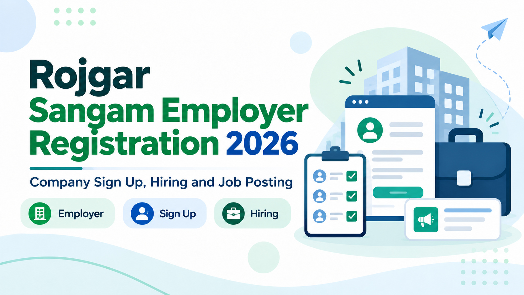 Rojgar Sangam employer registration 2026 illustration with company sign-up, employee checklist and hiring icons.
