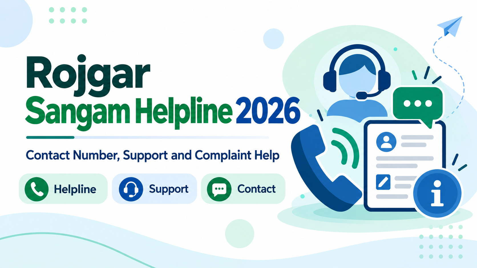 Rojgar Sangam helpline 2026 guide illustration featuring phone support, chat and complaint assistance.