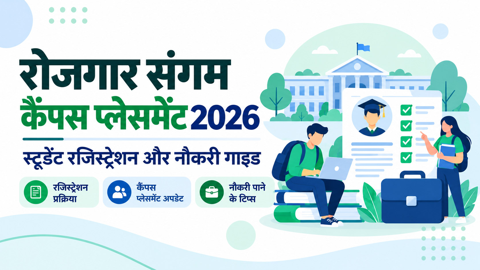रोजगार संगम कैंपस प्लेसमेंट 2026 की हिंदी इमेज, जिसमें कॉलेज, छात्र, रजिस्ट्रेशन और नौकरी के अवसर दर्शाए गए हैं।