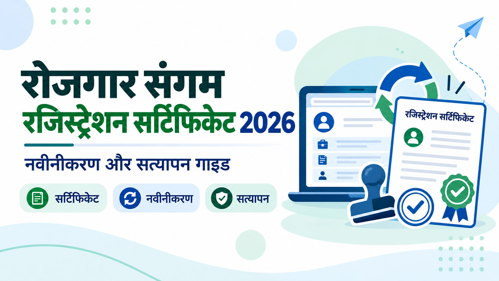 रोजगार संगम पंजीकरण प्रमाणपत्र और नवीनीकरण 2026 की हिंदी इमेज में दस्तावेज, सत्यापन और रिन्यूअल के चरण दिखाए गए हैं।