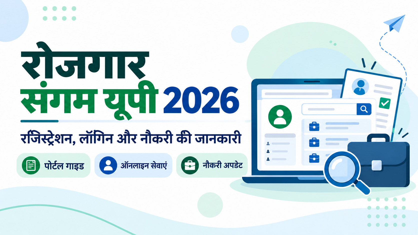 रोजगार संगम यूपी 2026 की हिंदी गाइड जिसमें रजिस्ट्रेशन, लॉगिन और नौकरी खोजने की जानकारी दर्शाई गई है।