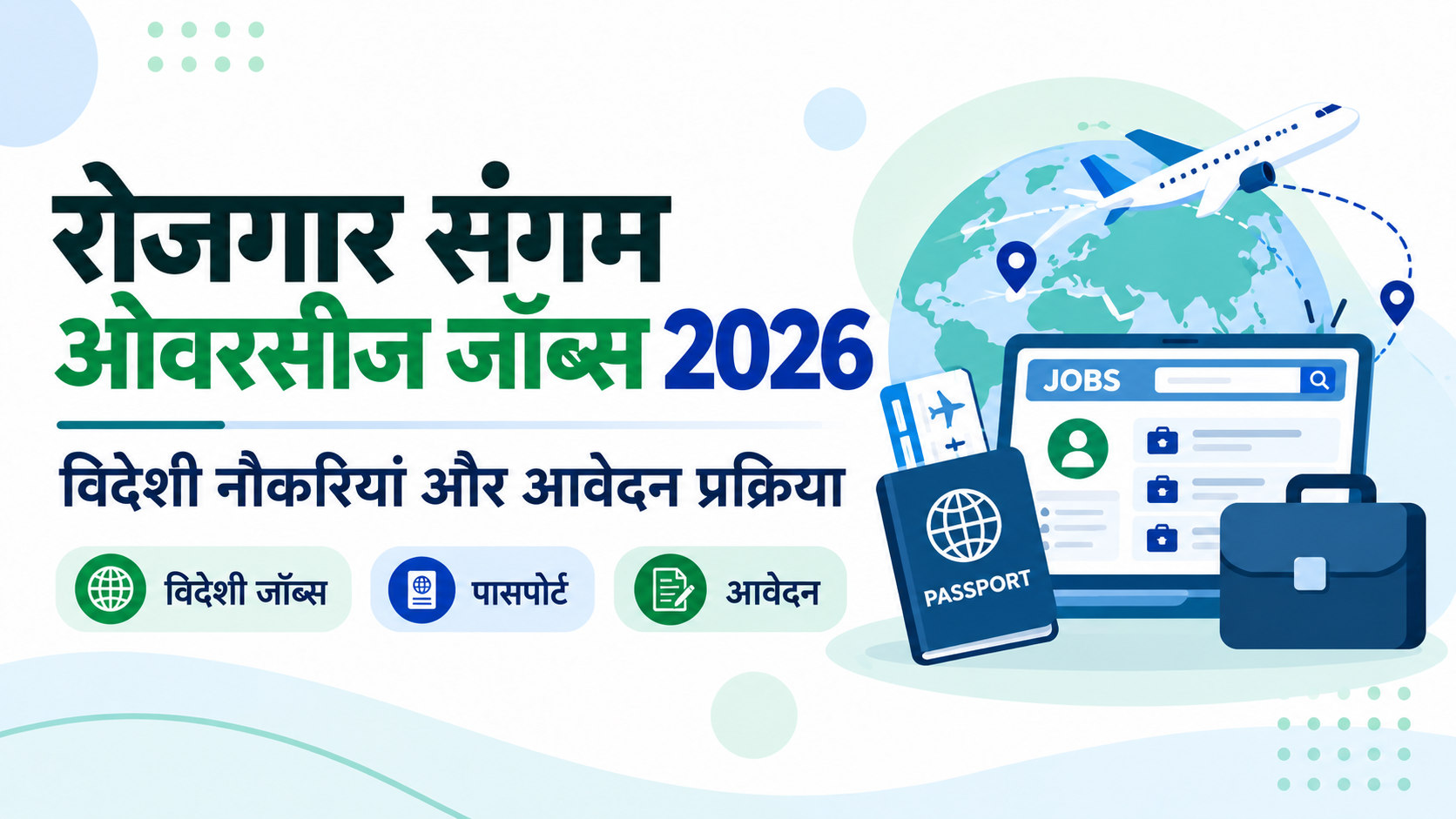 रोजगार संगम विदेशी नौकरियों की हिंदी इमेज जिसमें ग्लोब, विमान, पासपोर्ट और आवेदन दिखता है।