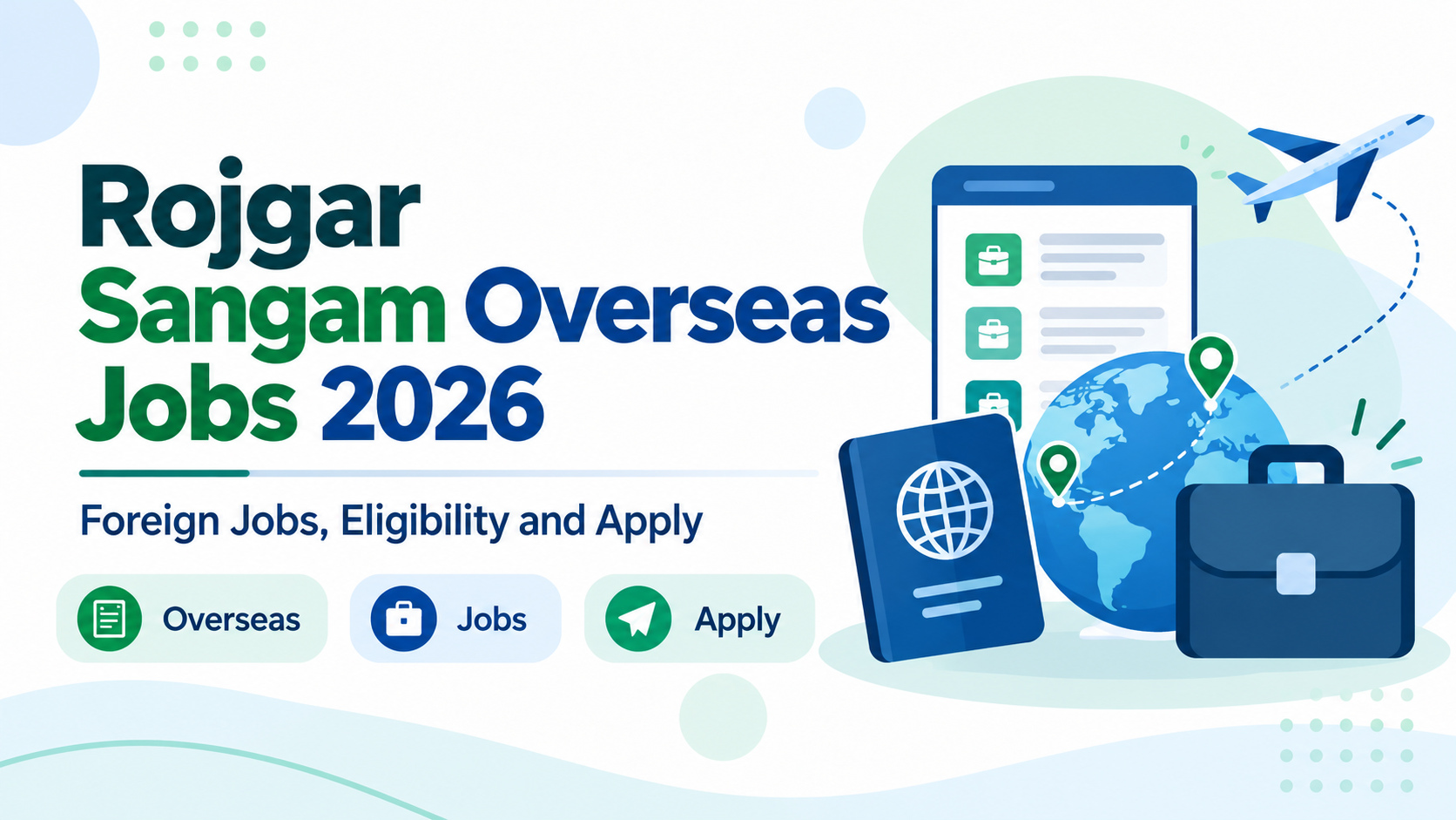 Rojgar Sangam overseas jobs guide illustration with a globe, travel route and employment briefcase.